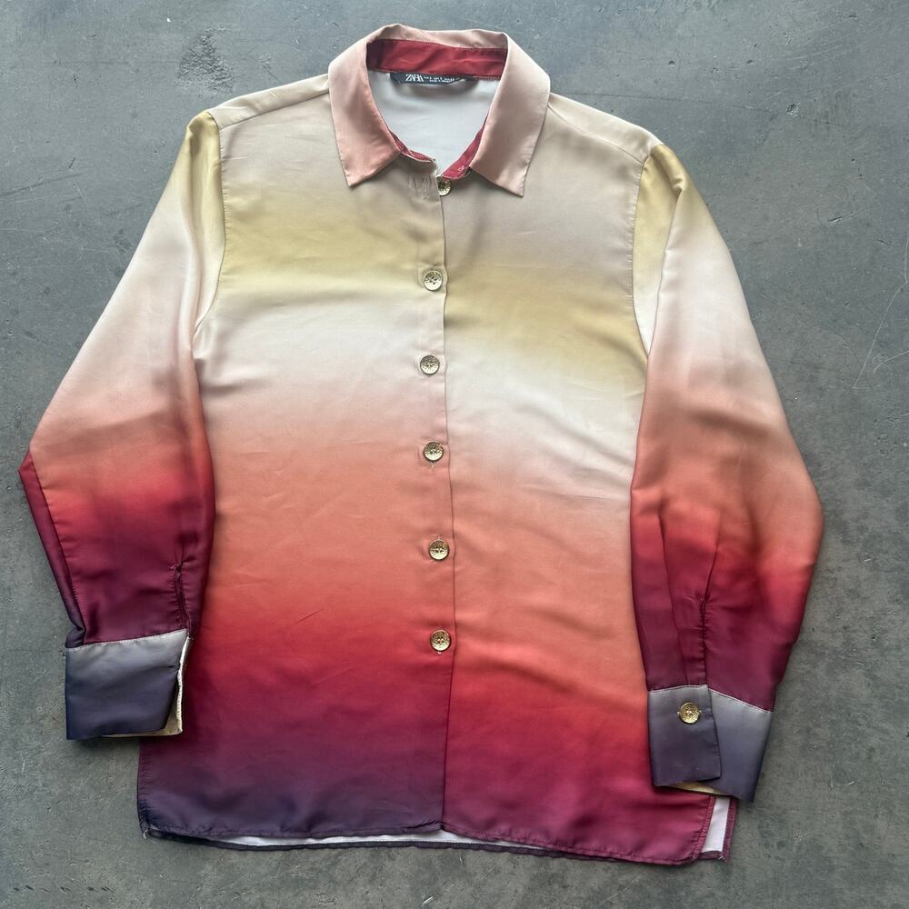 Vintage Y2k Zara Sunset Satin Button Down Longsleeve Women's Blouse Small